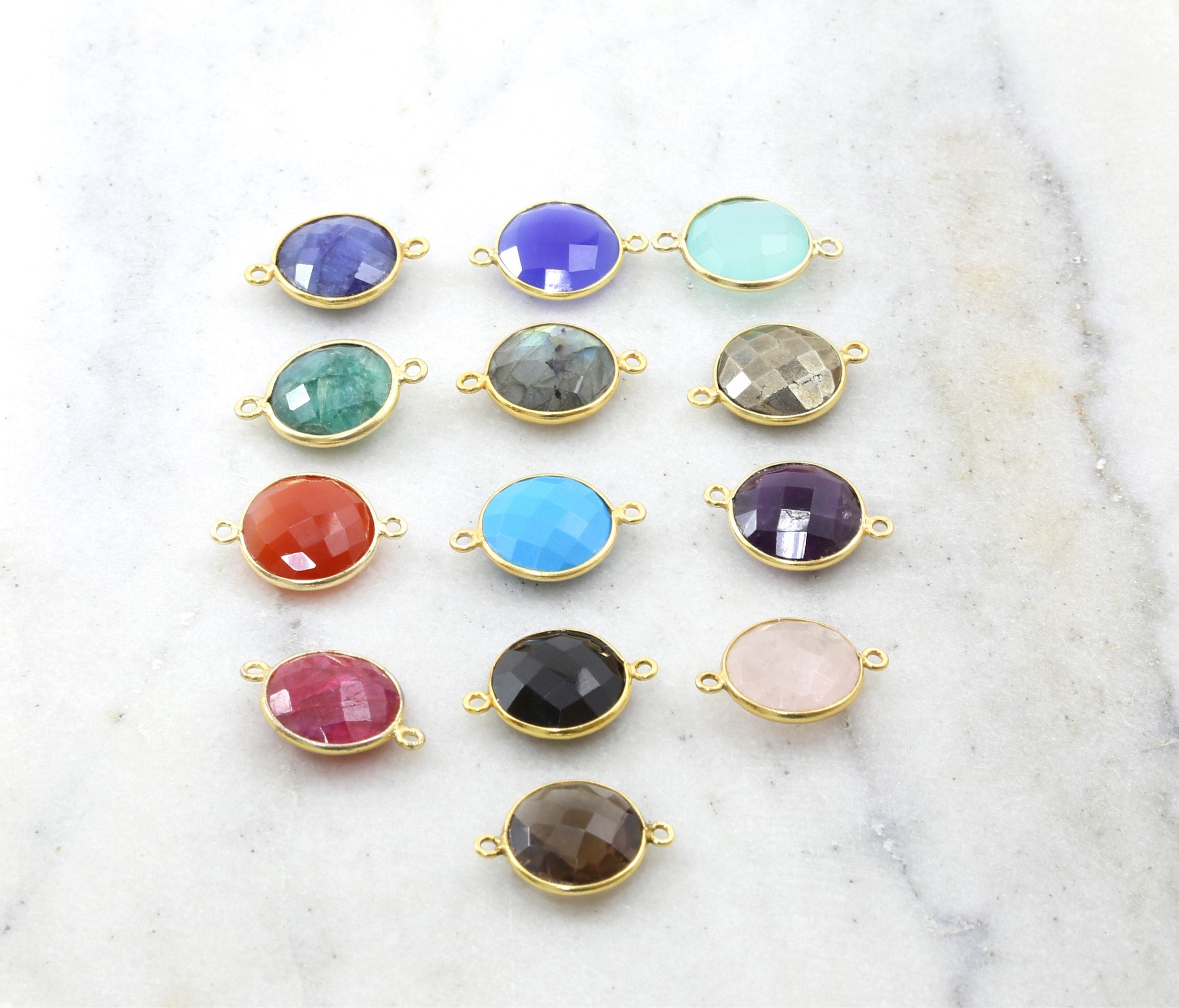 Sterling Silver or Gold Plated Round Semi Precious Faceted Gemstone Connector