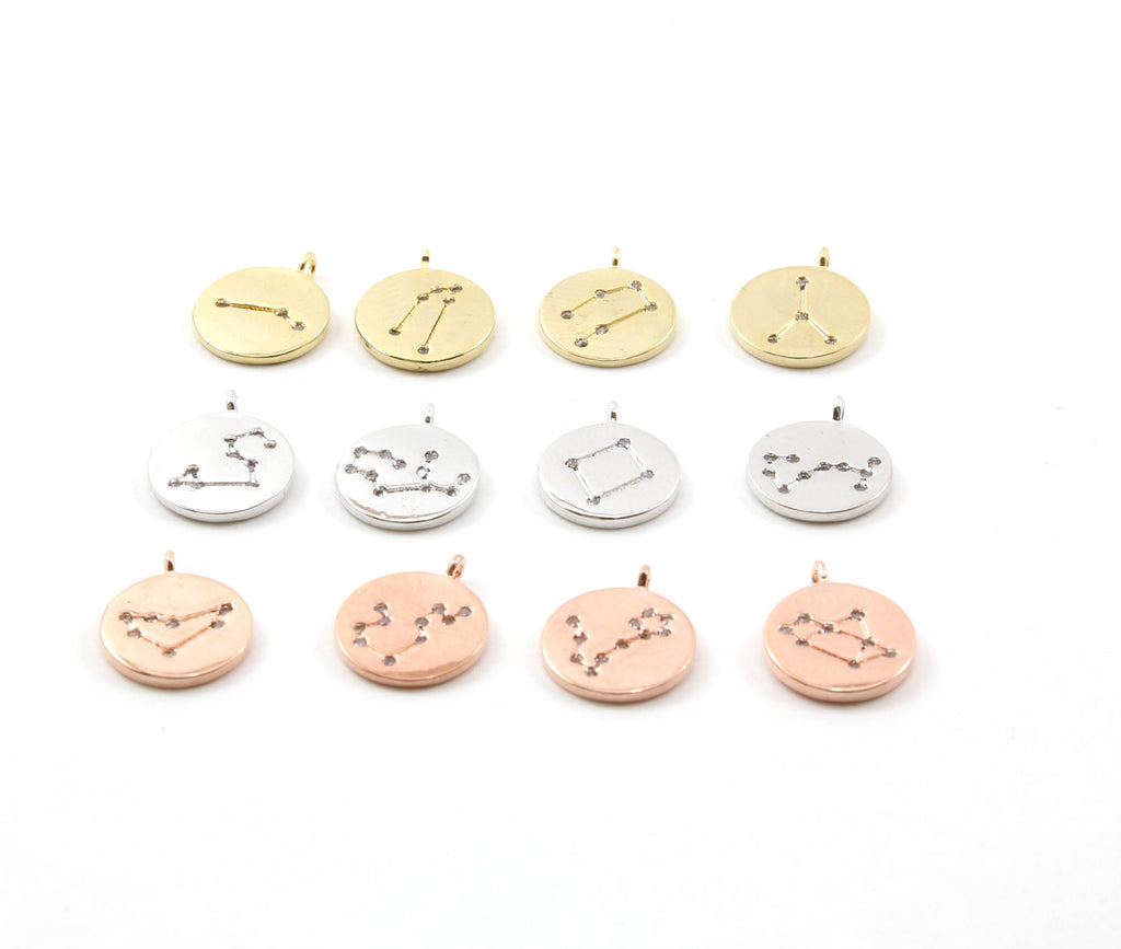 Rhodium Plated CZ Constellation Round Coin Charms Gold Silver Rose