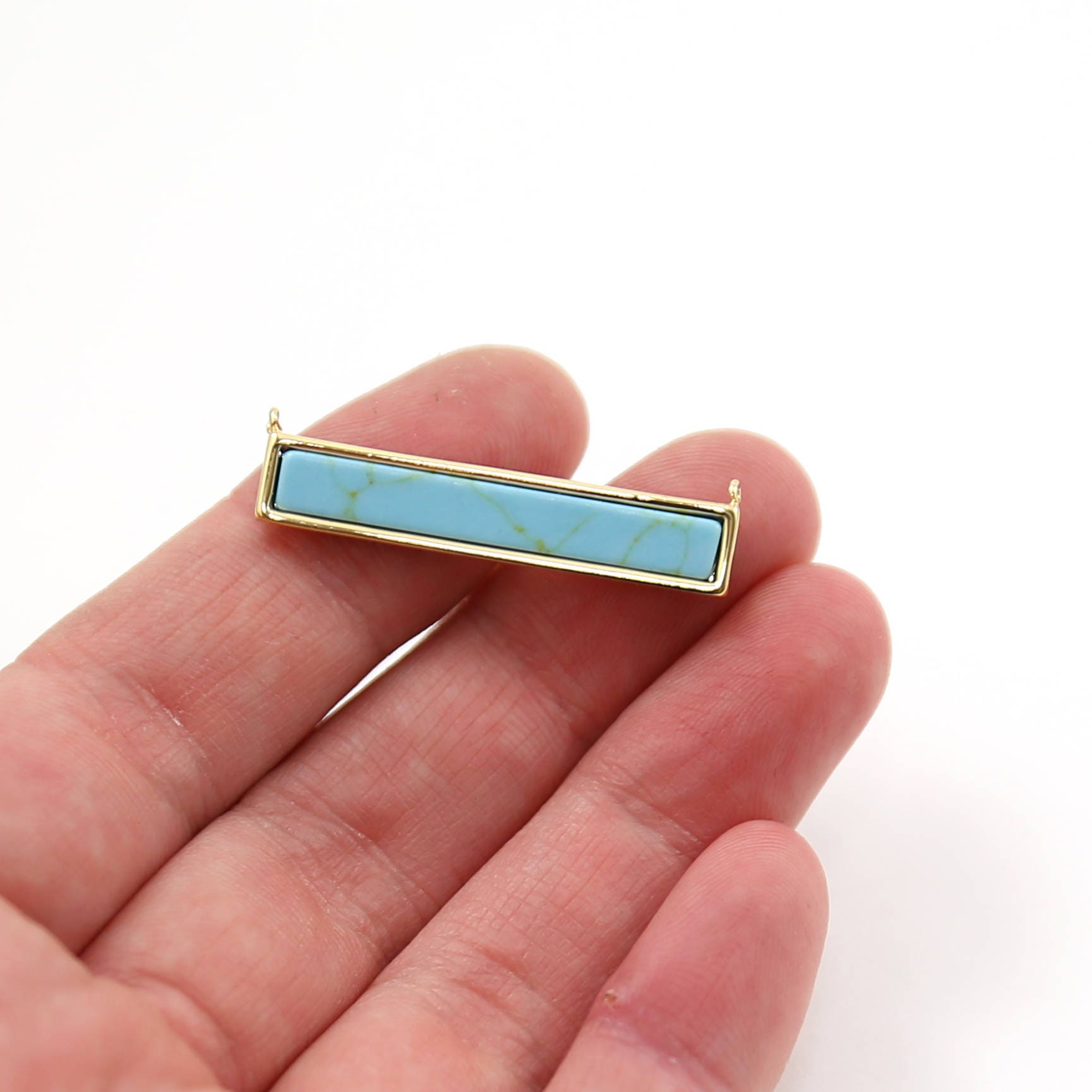 Rhodium Plated Long Blue Howlite Marble Bar Necklace Connector Gold