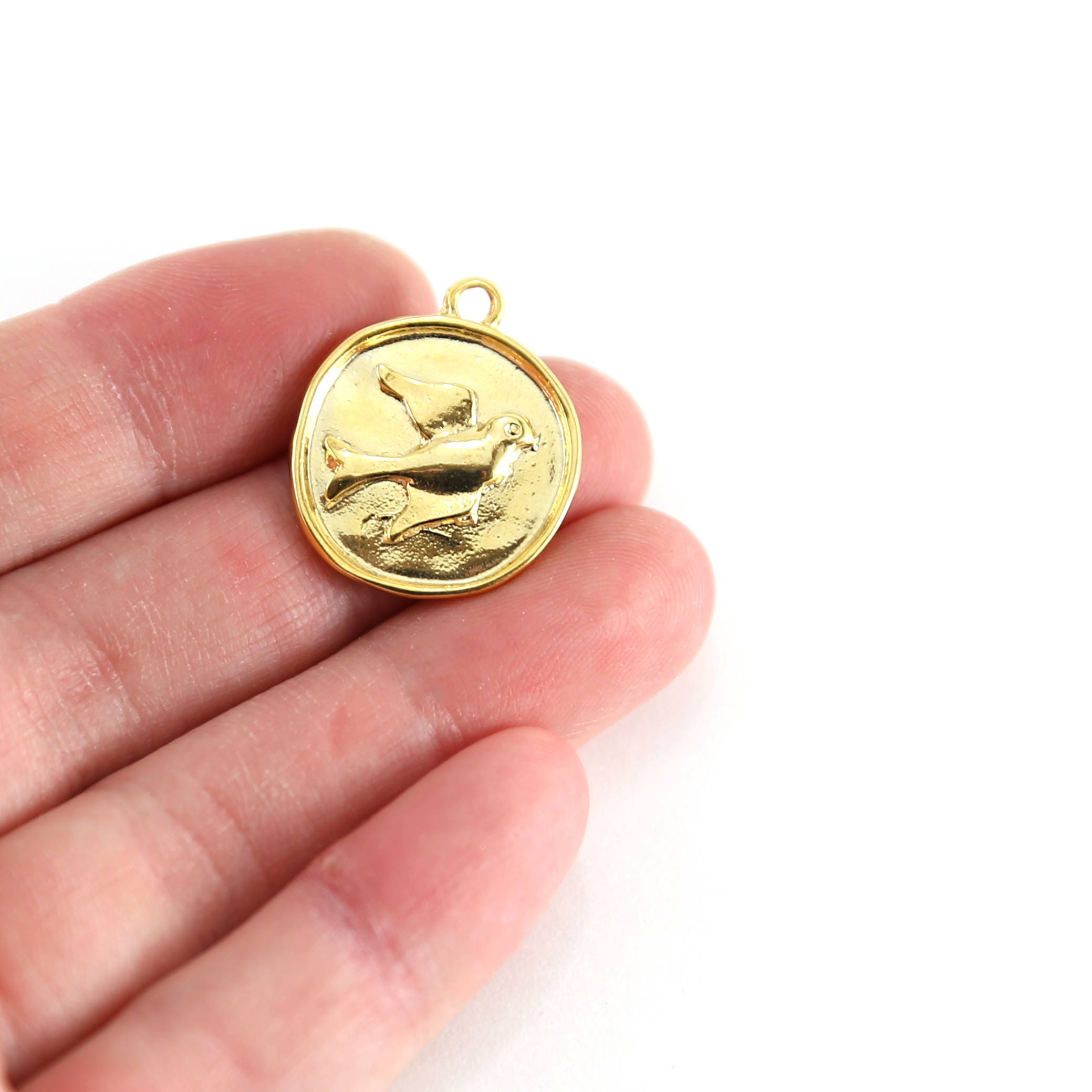 Sterling Silver or Vermeil Raised Bird Coin Medallion Pendant in or Sparrow