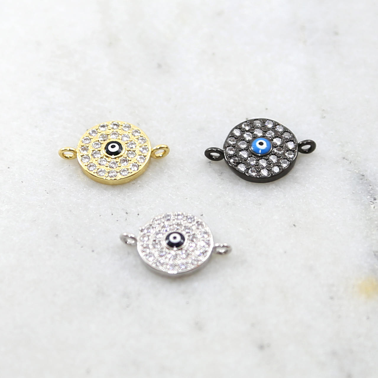 Rhodium Plated Round Blue CZ Evil Eye Connector Charm Pendants