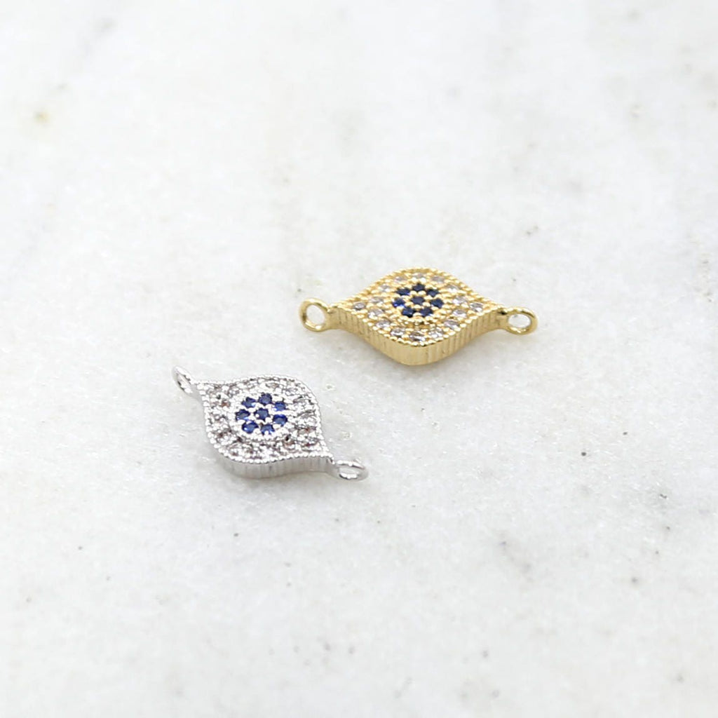 15mmx8mm Rhodium Plated Blue Flower Evil Eye Pave CZ Connector Charm in Gold