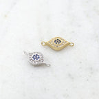15mmx8mm Rhodium Plated Blue Flower Evil Eye Pave CZ Connector Charm in Gold