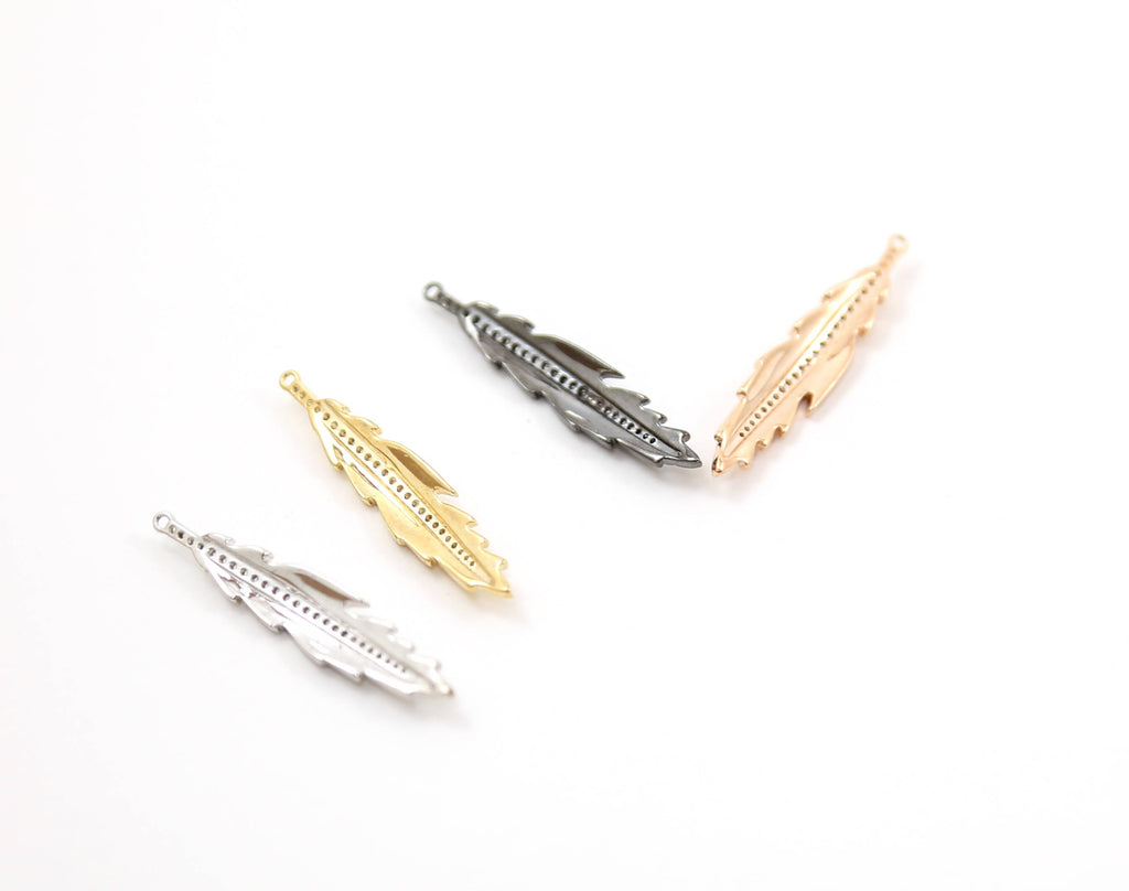 40mmx8mm Rhodium Plated Long CZ Pave Feather Charm Cubic Zirconia Modern