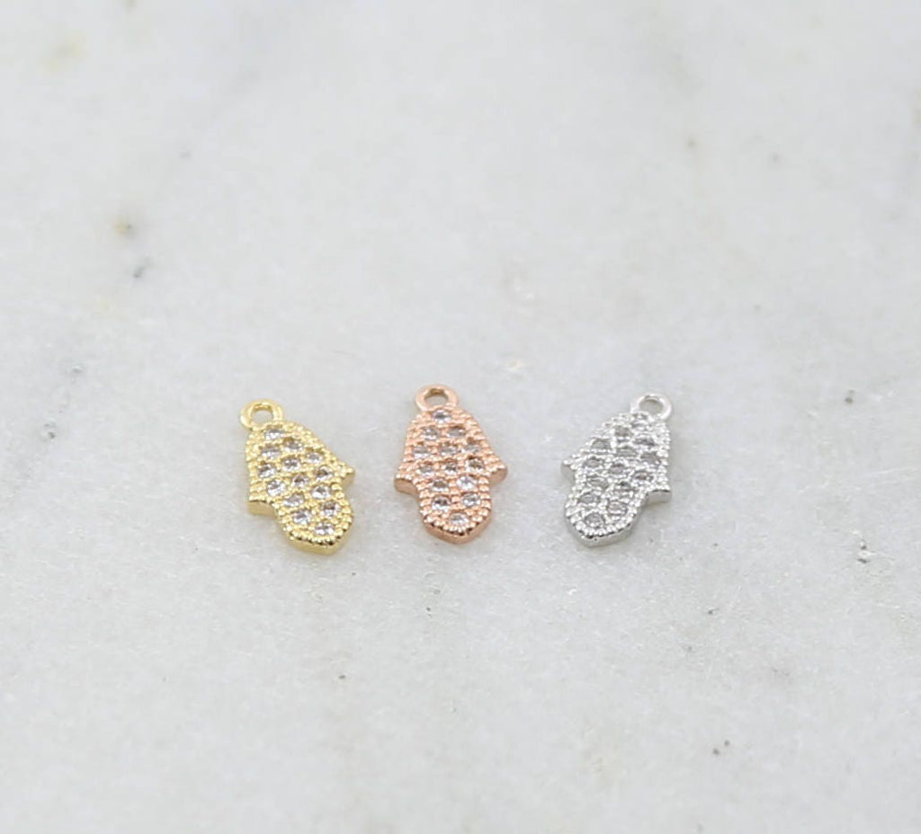 Rhodium Plated Tiny Hamsa CZ Pave Cubic Zirconia 10mm Charm in Gold