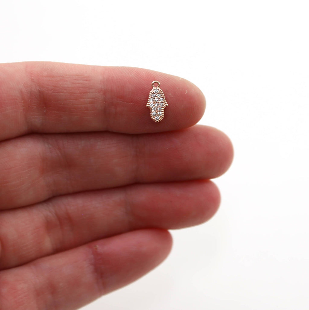 Rhodium Plated Tiny Hamsa CZ Pave Cubic Zirconia 10mm Charm in Gold