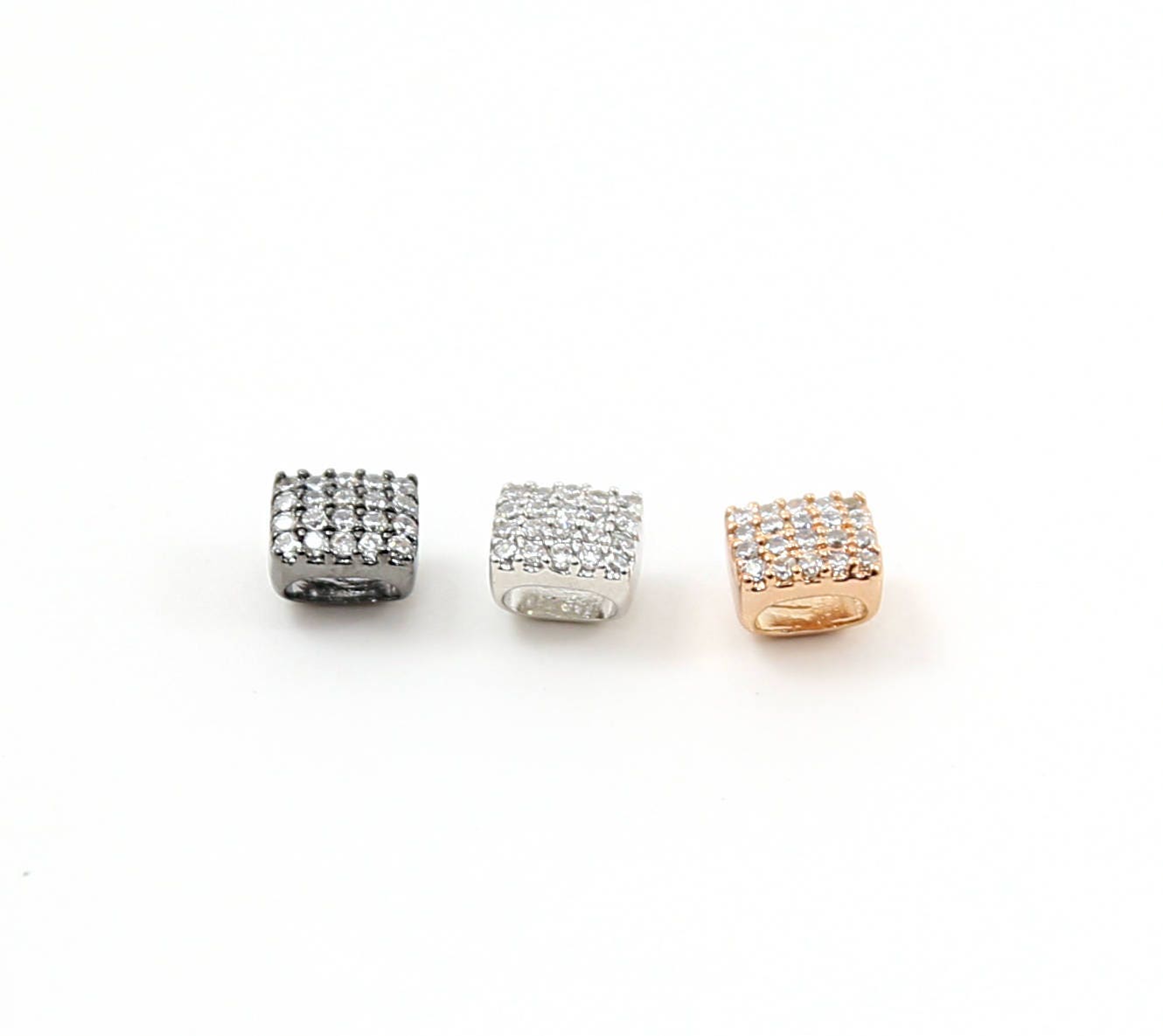 Rhodium Plated Pave CZ Large Hole Square Leather Slide Beads in Rose