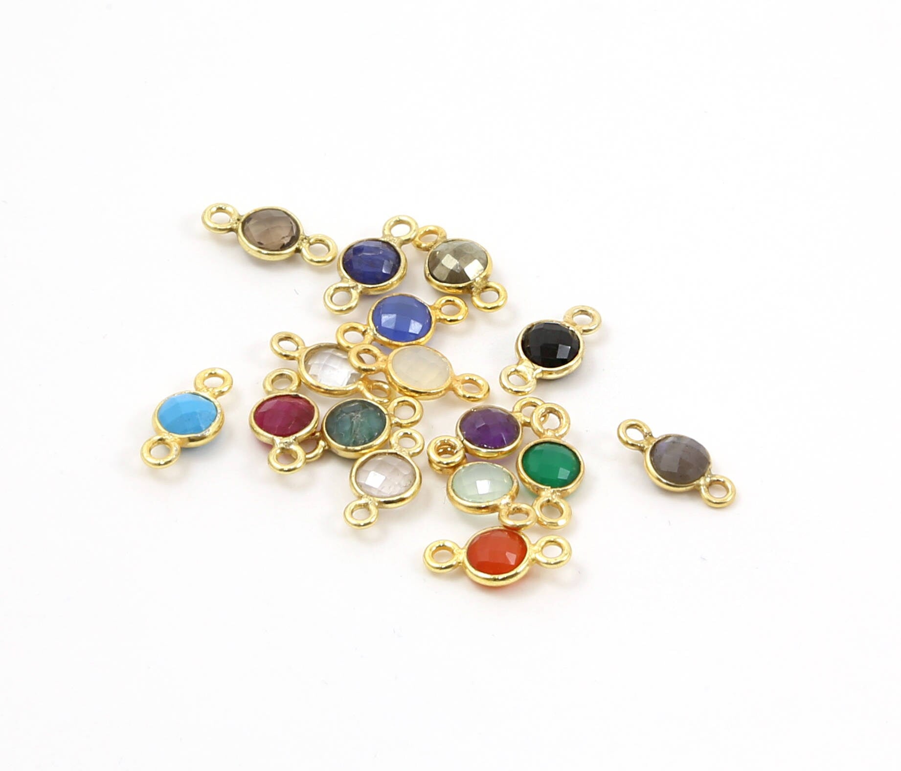 Sterling Silver or Gold Plated Tiny Round Gemstone Faceted Bezel Connector