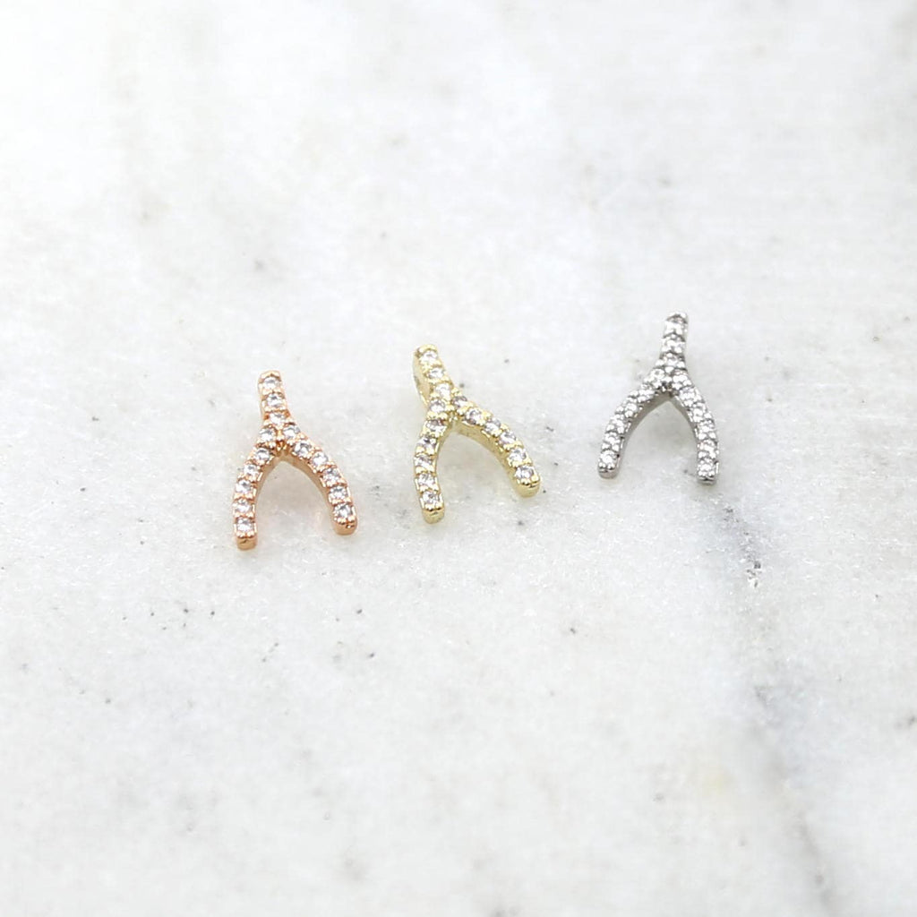 Brass Tiny CZ Pave Wishbone Silver Gold Rose Gold Small Charm