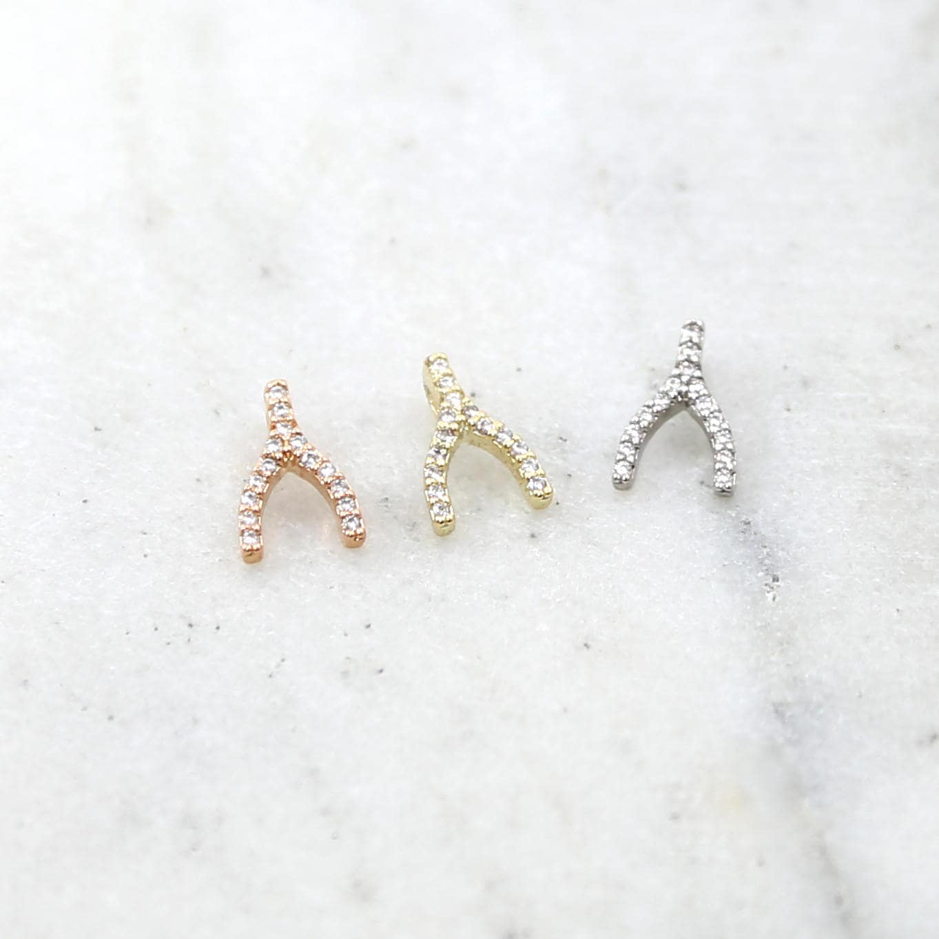 Brass Tiny CZ Pave Wishbone Silver Gold Rose Gold Small Charm