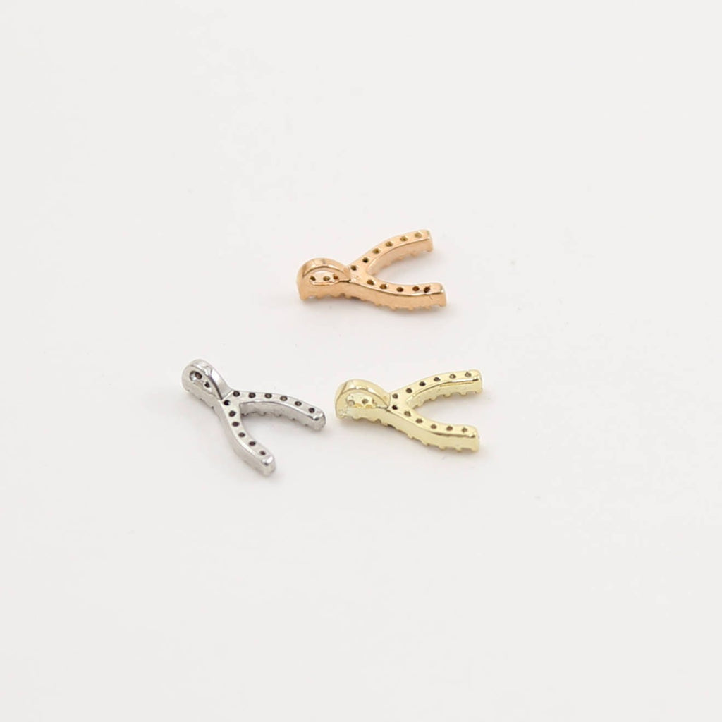 Brass Tiny CZ Pave Wishbone Silver Gold Rose Gold Small Charm
