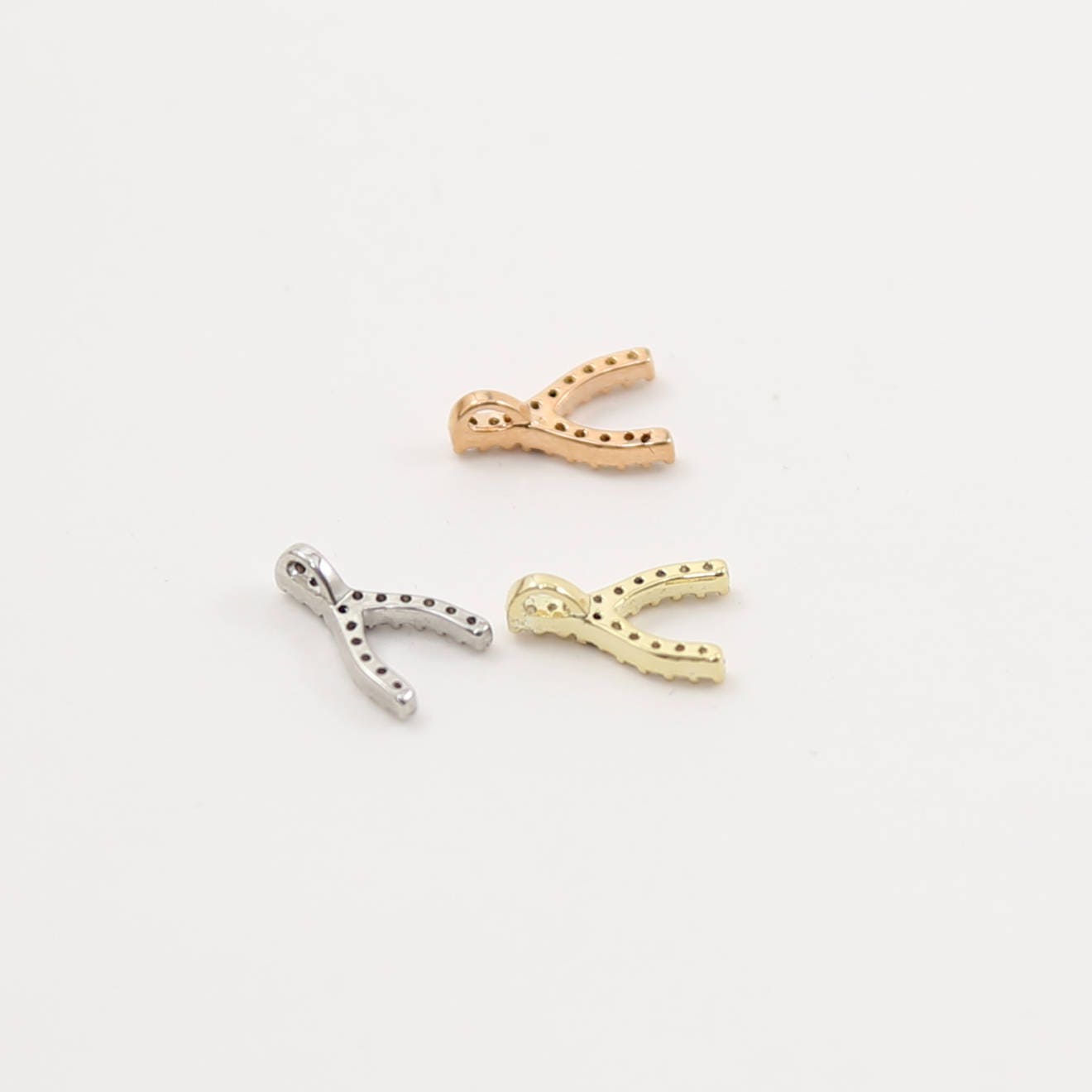 Brass Tiny CZ Pave Wishbone Silver Gold Rose Gold Small Charm
