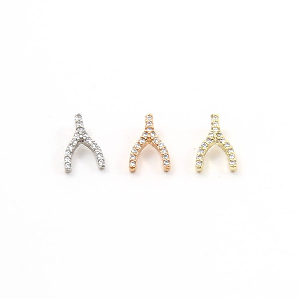 Brass Tiny CZ Pave Wishbone Silver Gold Rose Gold Small Charm