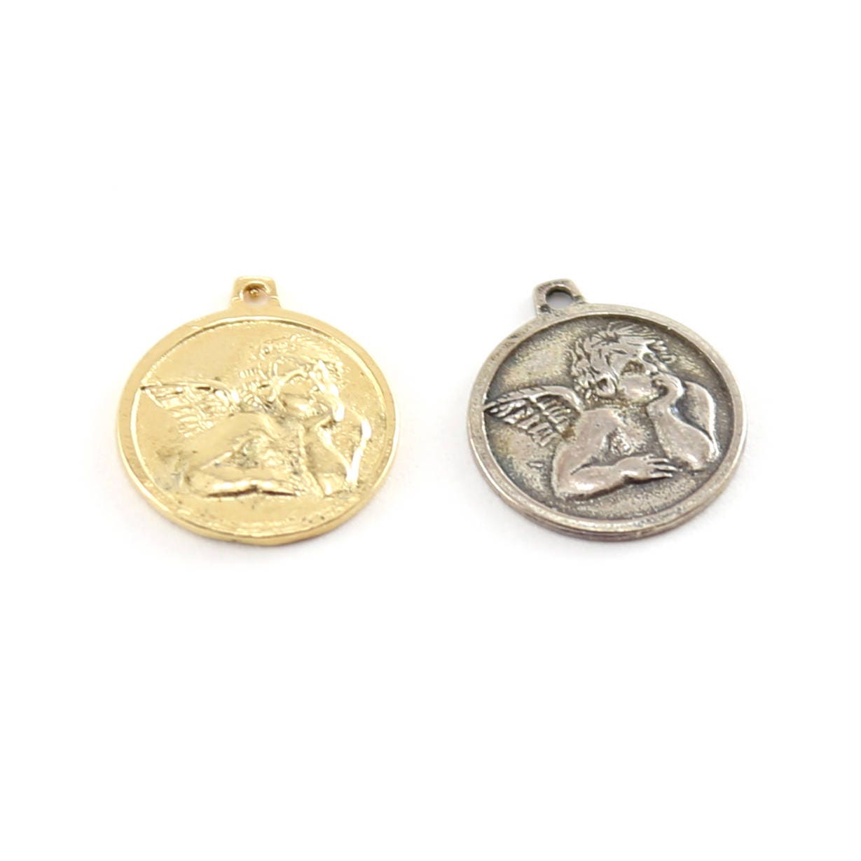 Sterling Silver or Vermeil Angel Wing Round Coin Disk Charm or Religious