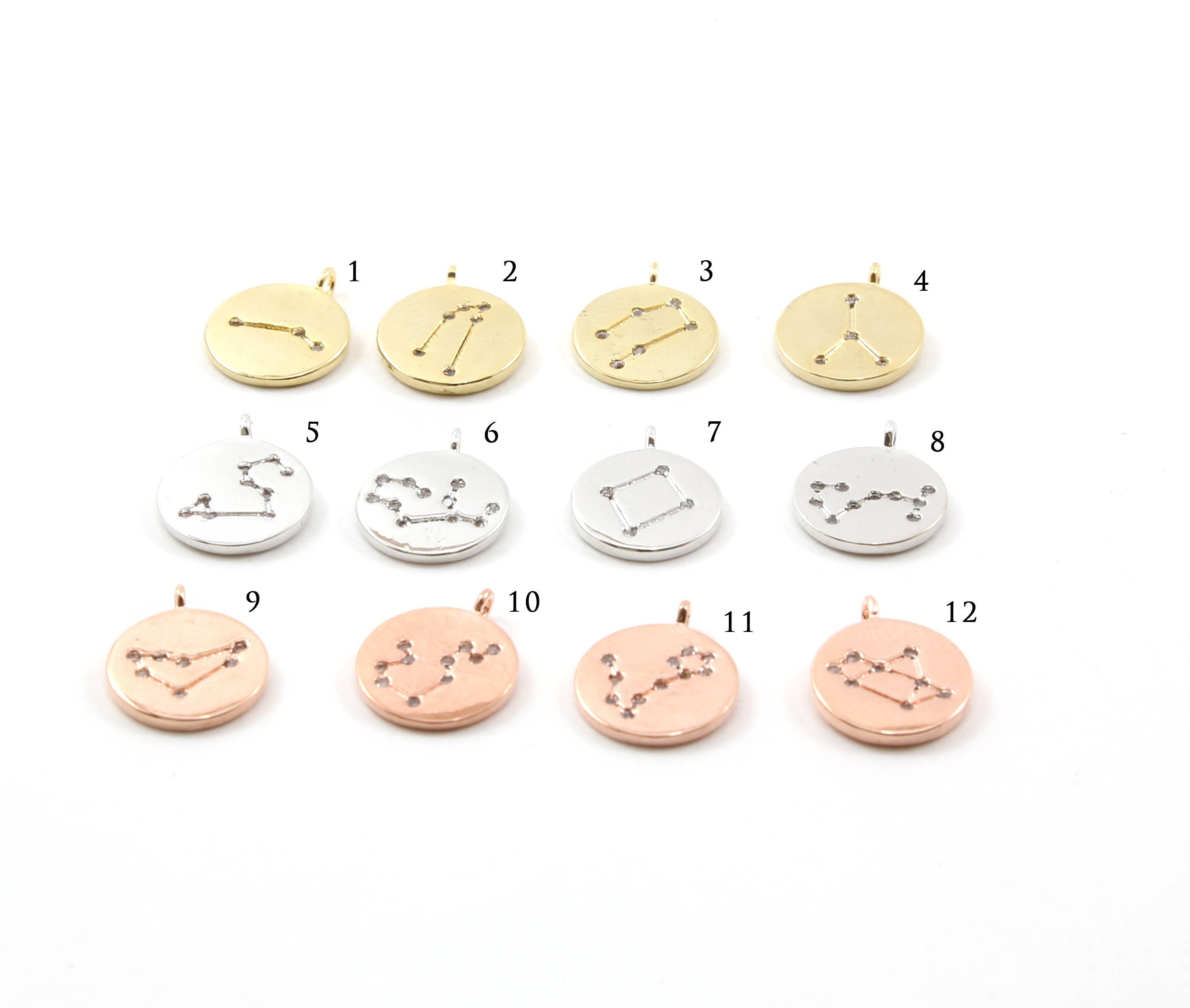 Rhodium Plated CZ Constellation Round Coin Charms Gold Silver Rose