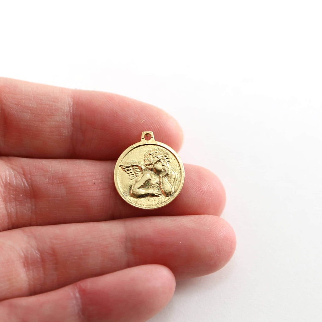 Sterling Silver or Vermeil Angel Wing Round Coin Disk Charm or Religious