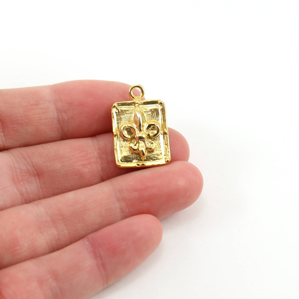 22mmx14mm Sterling Silver or Vermeil Large 3D Fleur De Lis on Rectangle Tag