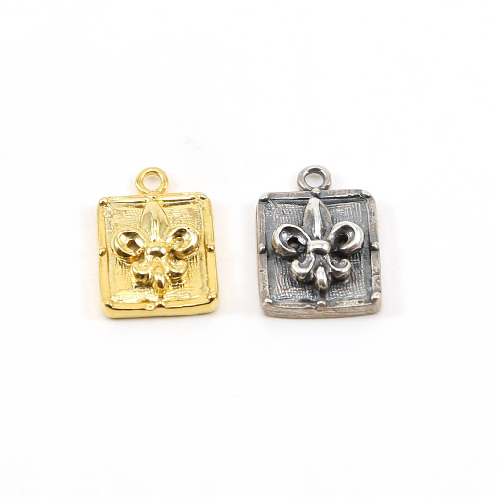 22mmx14mm Sterling Silver or Vermeil Large 3D Fleur De Lis on Rectangle Tag