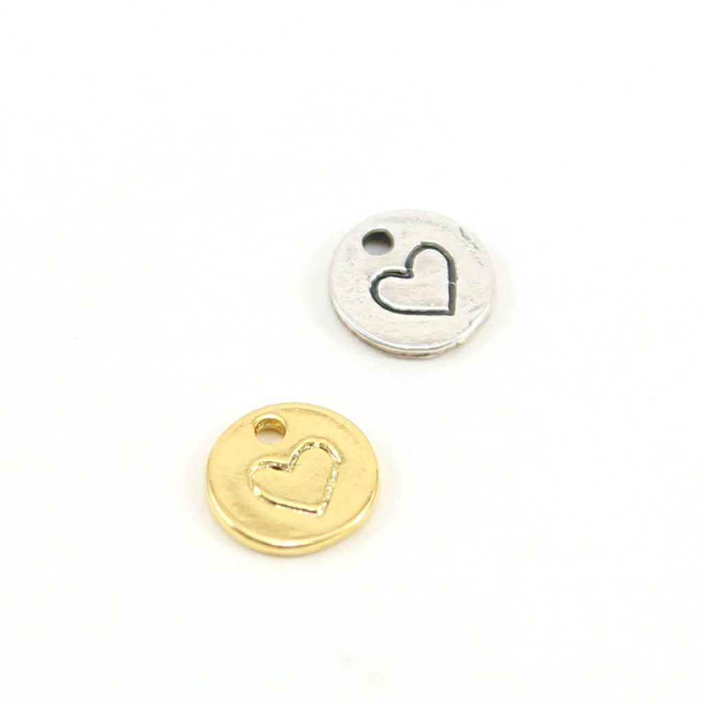 8mm Sterling Silver or Vermeil Tiny Heart Stamped Coin Round Disk Charm