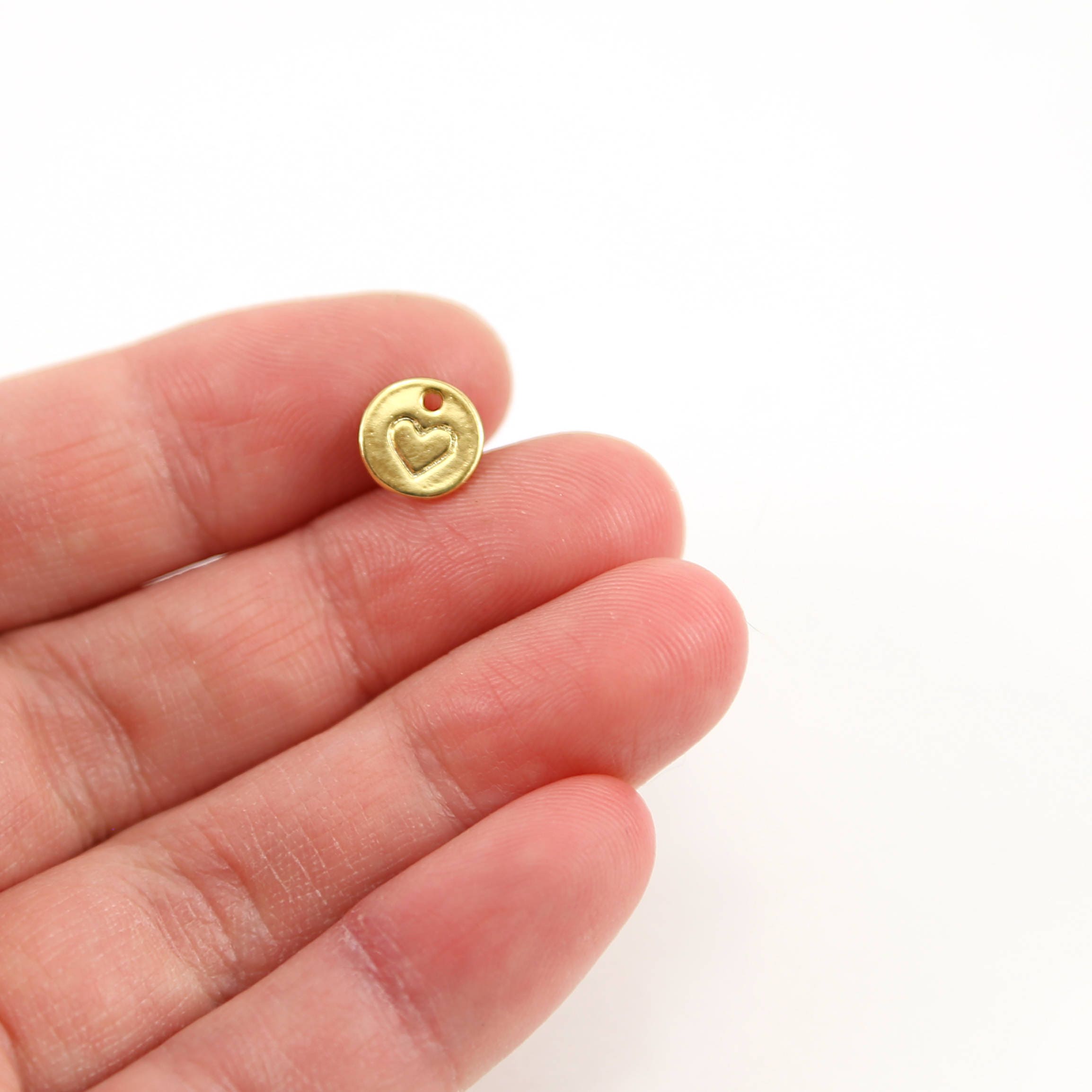 8mm Sterling Silver or Vermeil Tiny Heart Stamped Coin Round Disk Charm