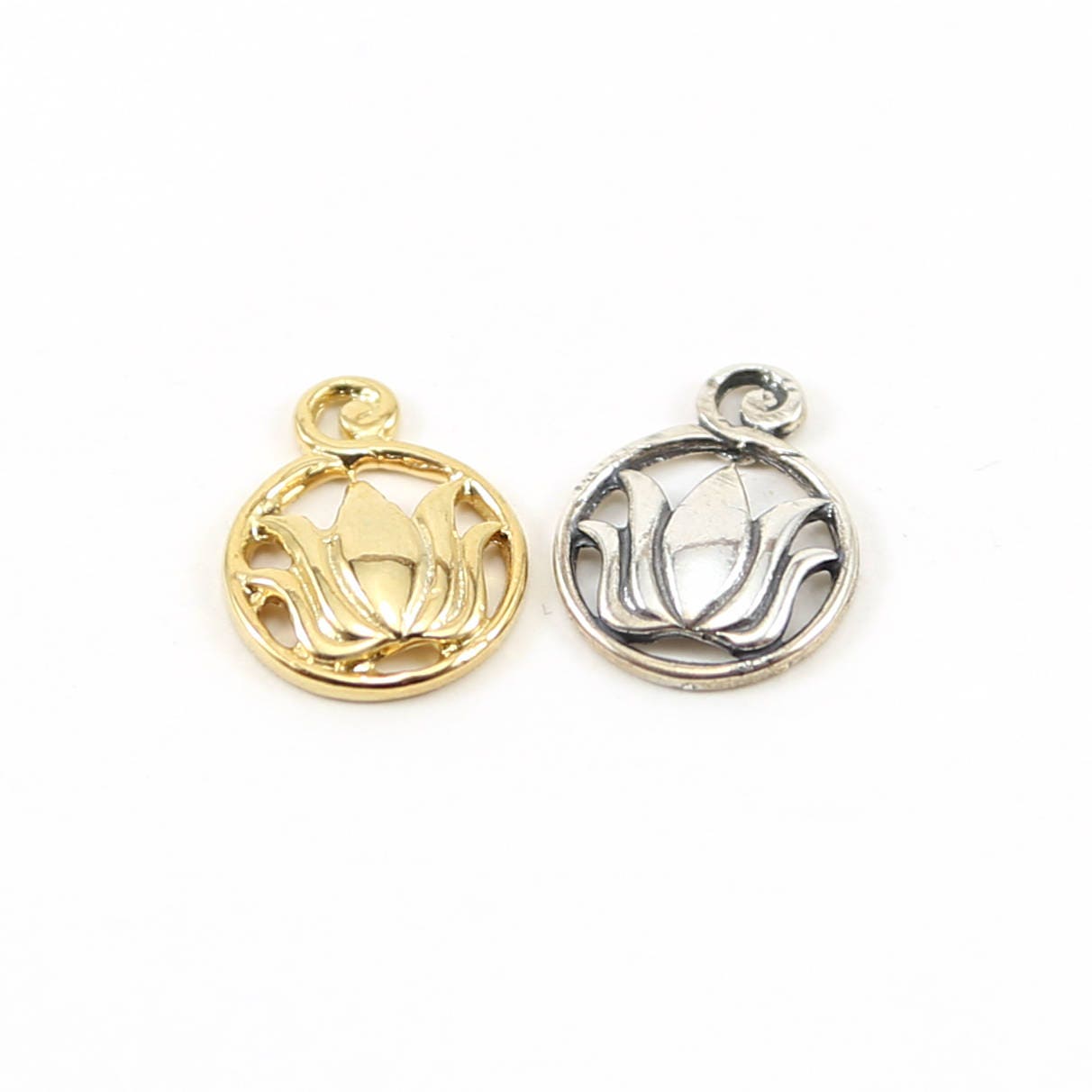 17mmx13mm Sterling Silver or Vermeil Lotus Outline in Round Circle Charm