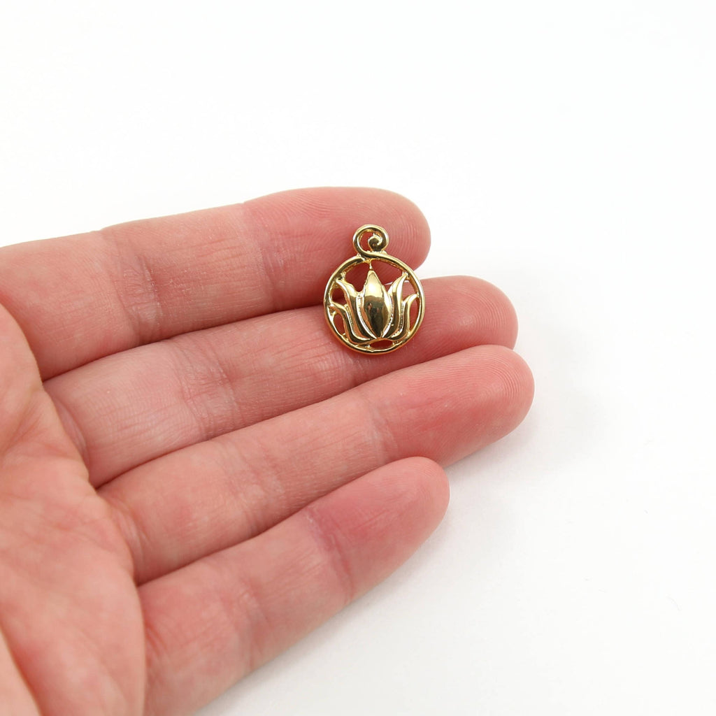 17mmx13mm Sterling Silver or Vermeil Lotus Outline in Round Circle Charm