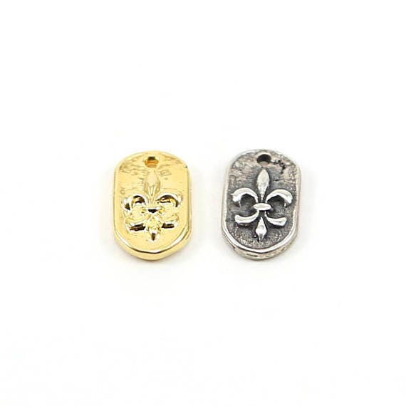 14mmx8mm Sterling Silver or Vermeil Oval Raised Fleur De Lis Tag Charm Pendant