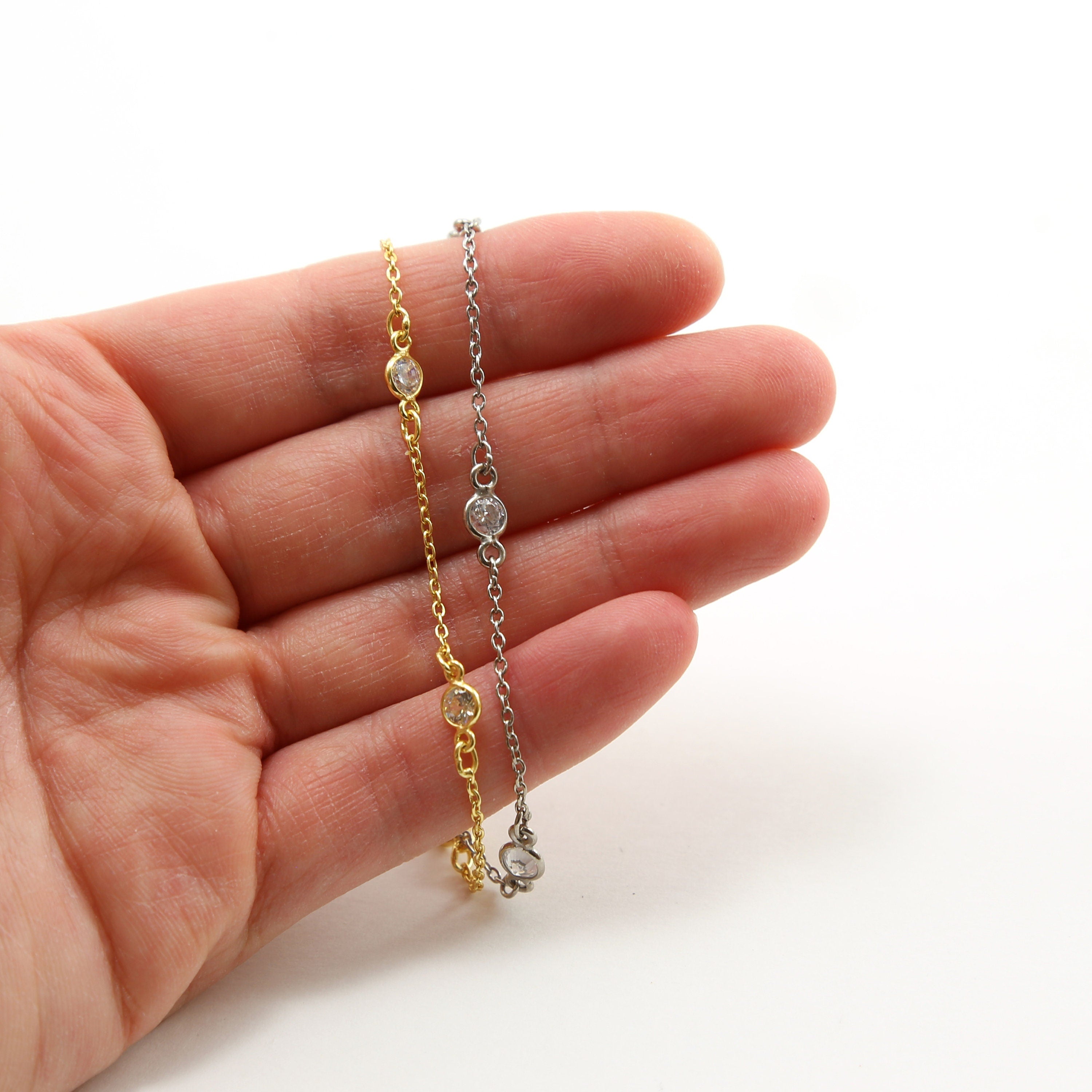 Sterling Silver or Vermeil Round Tiny CZ Cubic Zirconia – Sold by the Foot