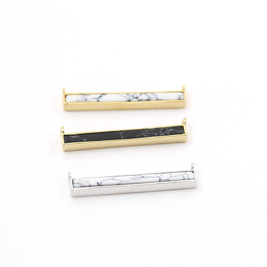 Rhodium Plated Black and White Howlite Marble Bar Necklace Connector