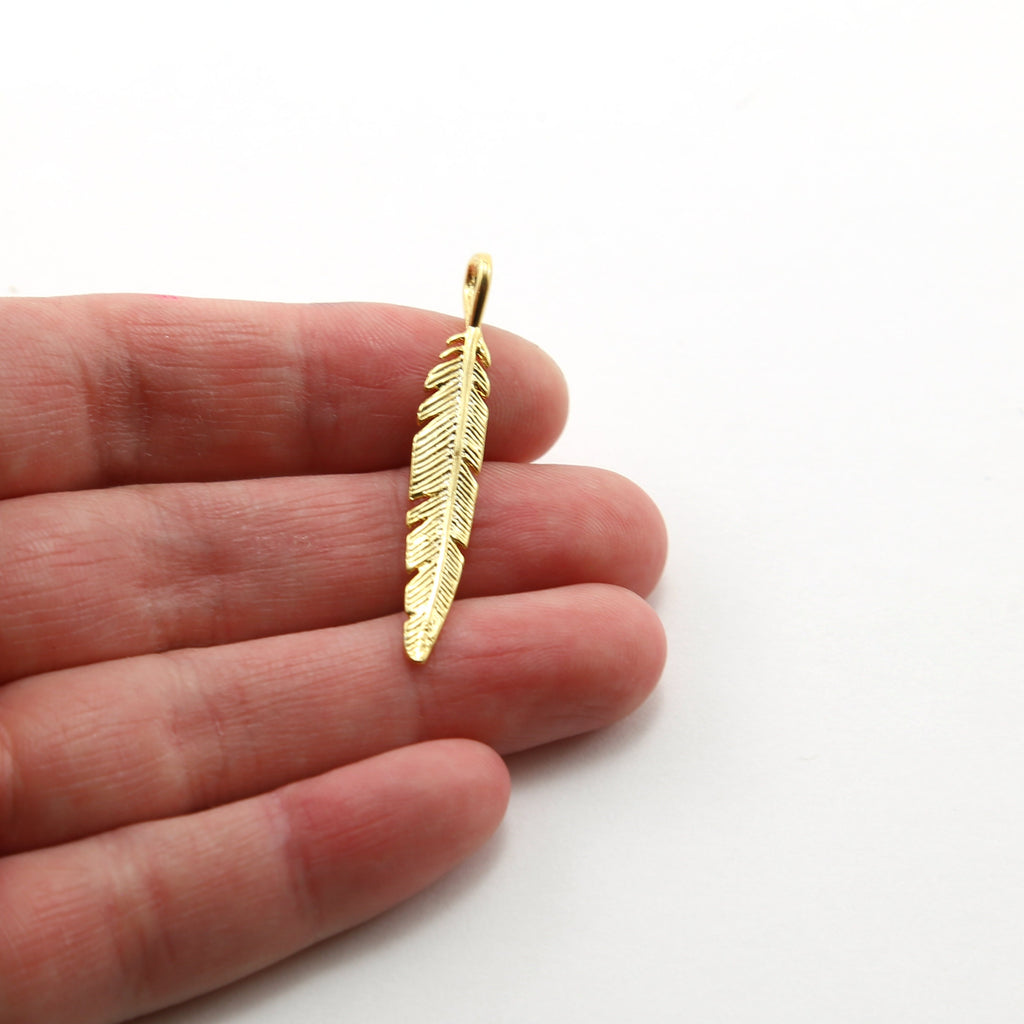Vermeil Long Modern Detail Feather Charm Insect Nature Spring