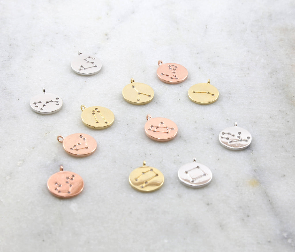 Rhodium Plated CZ Constellation Round Coin Charms Gold Silver Rose
