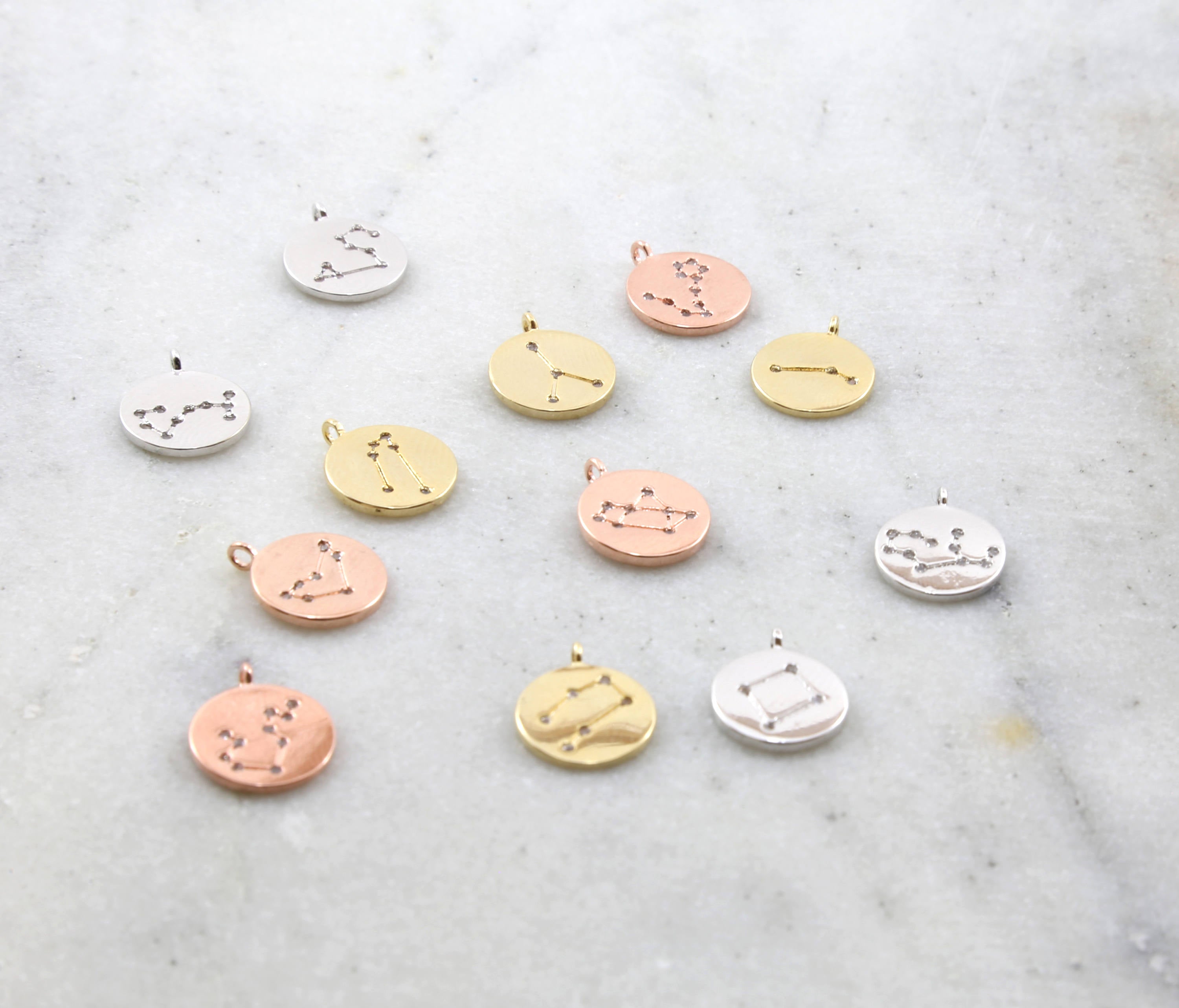 Rhodium Plated CZ Constellation Round Coin Charms Gold Silver Rose