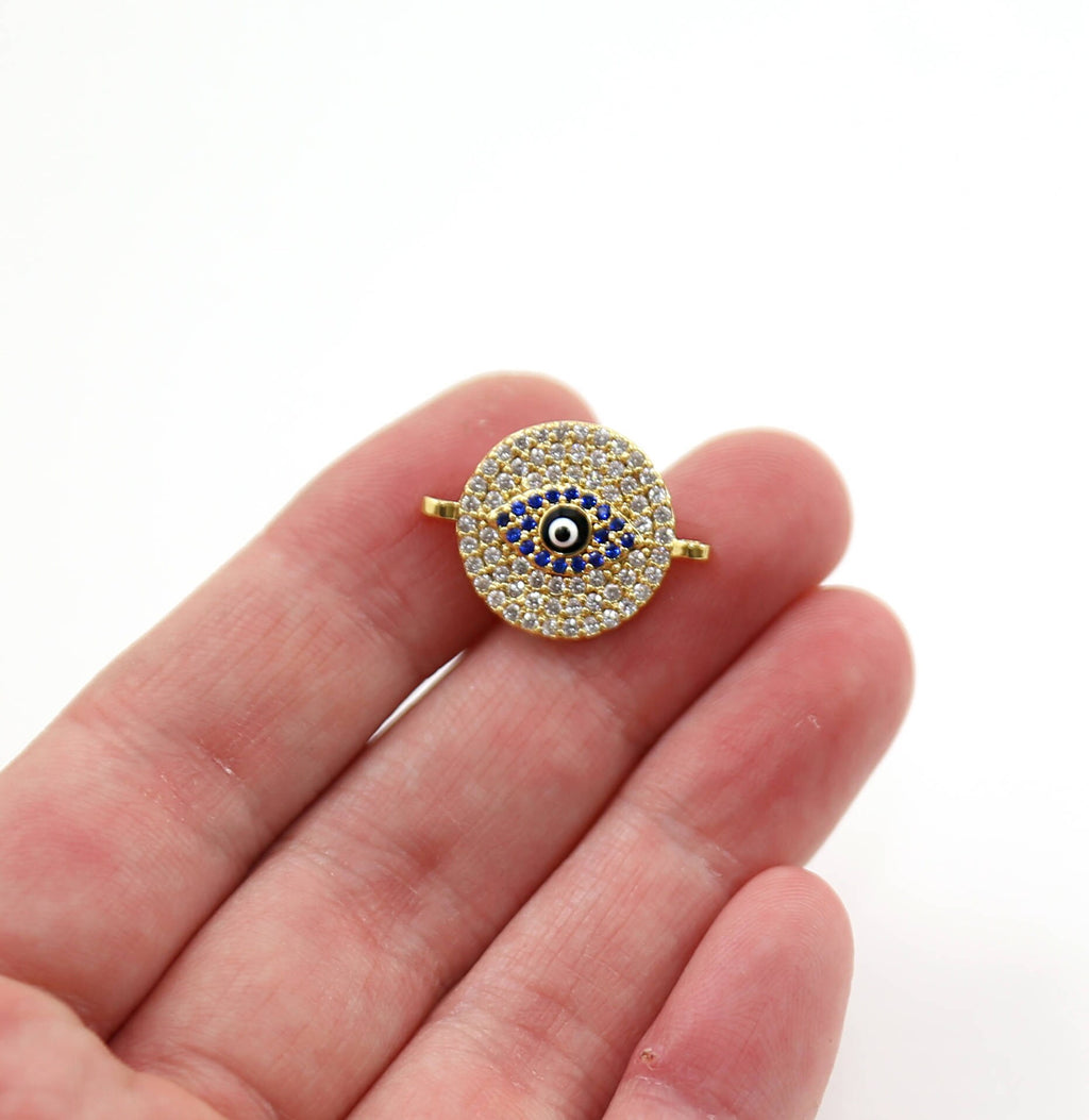 20mmx15mm Rhodium Plated CZ Large Cubic Zirconia Pave Blue Evil Eye Connector