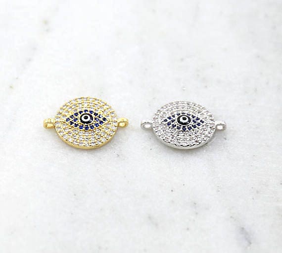 20mmx15mm Rhodium Plated CZ Large Cubic Zirconia Pave Blue Evil Eye Connector