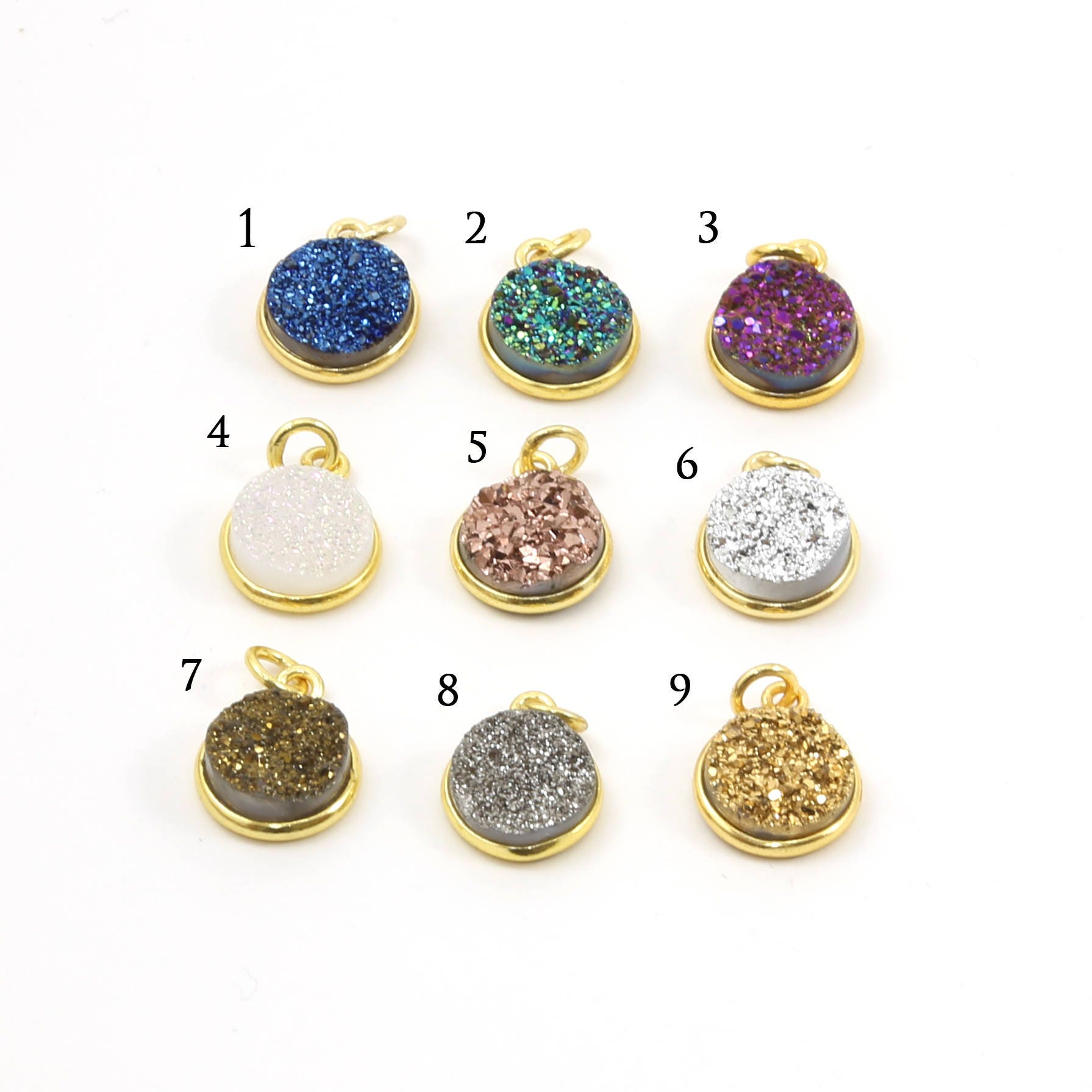 Sterling Silver or Vermeil Pretty Bezel Druzy Single Loop Pendant Charm 10mm