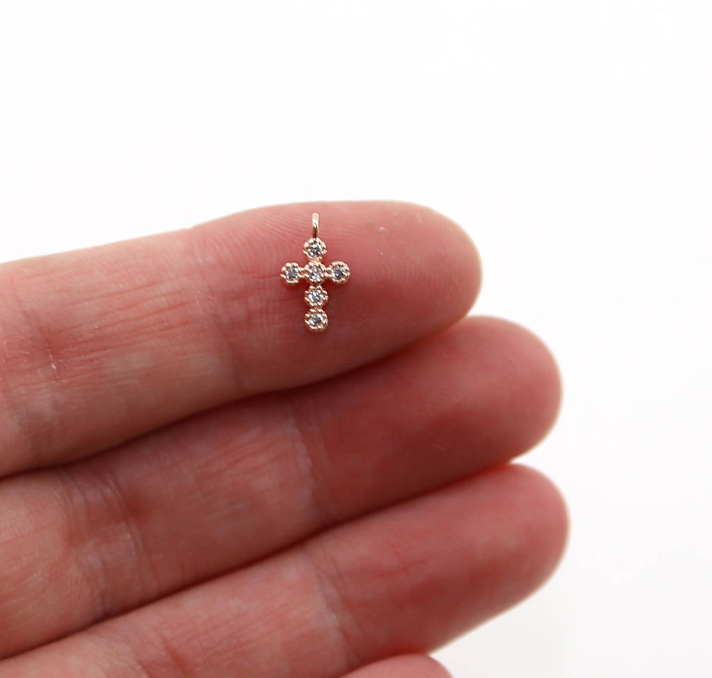 Rhodium Plated Teeny Tiny 10mm CZ Cross Religious Charm in Gold Silver