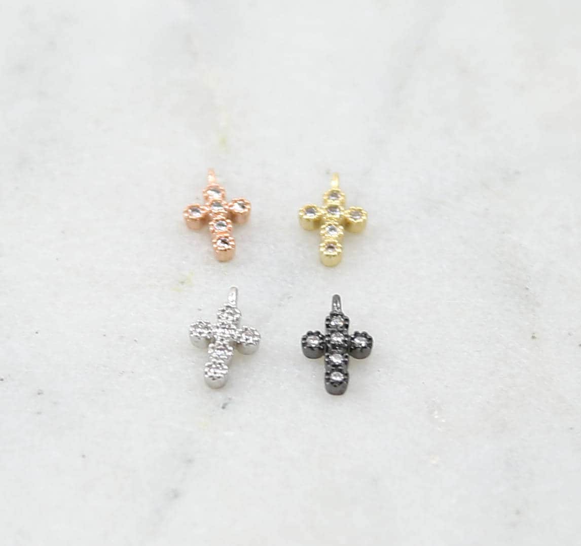 Rhodium Plated Teeny Tiny 10mm CZ Cross Religious Charm in Gold Silver