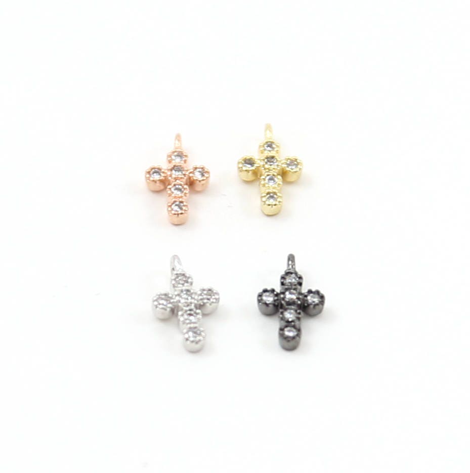 Rhodium Plated Teeny Tiny 10mm CZ Cross Religious Charm in Gold Silver