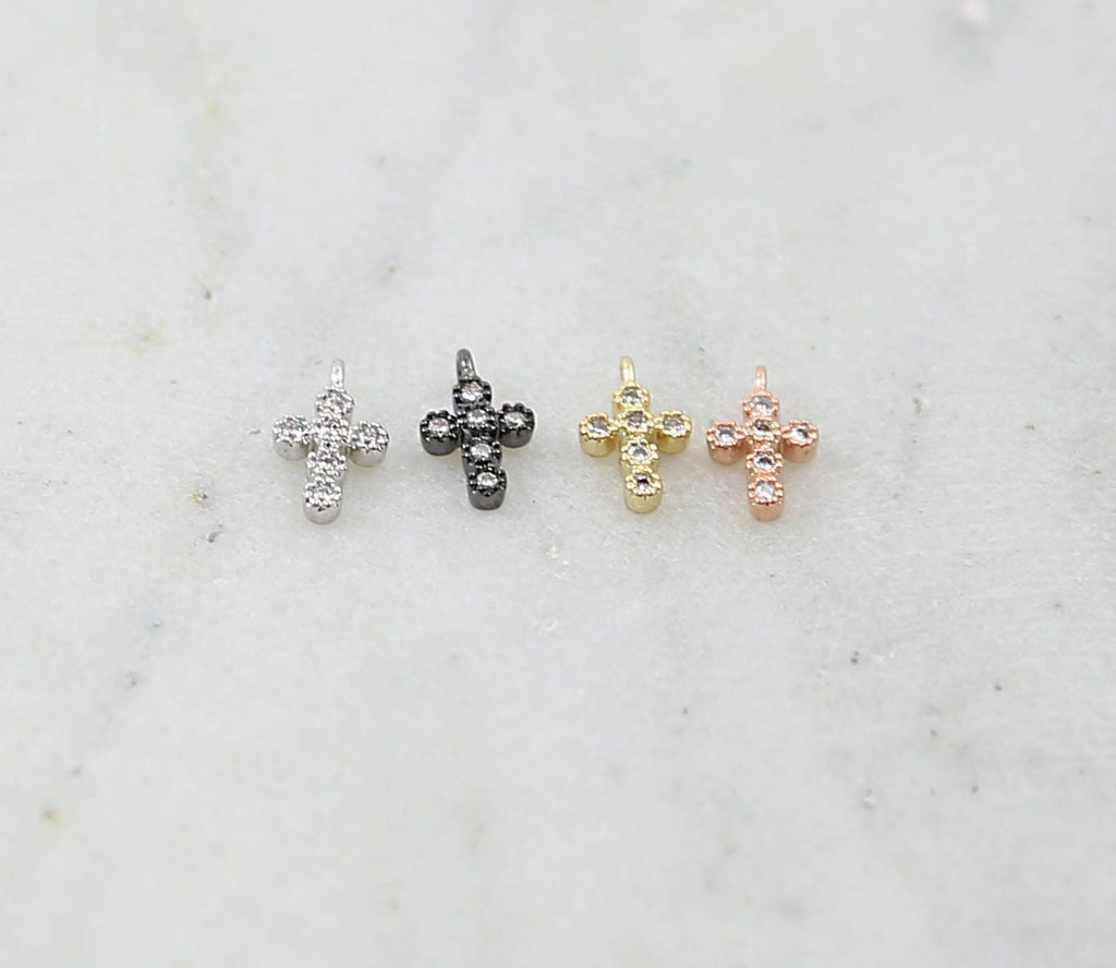 Rhodium Plated Teeny Tiny 10mm CZ Cross Religious Charm in Gold Silver