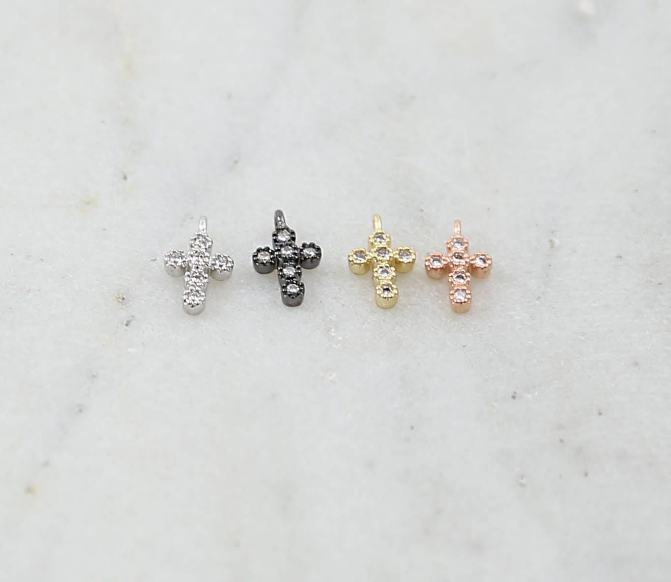 Rhodium Plated Teeny Tiny 10mm CZ Cross Religious Charm in Gold Silver