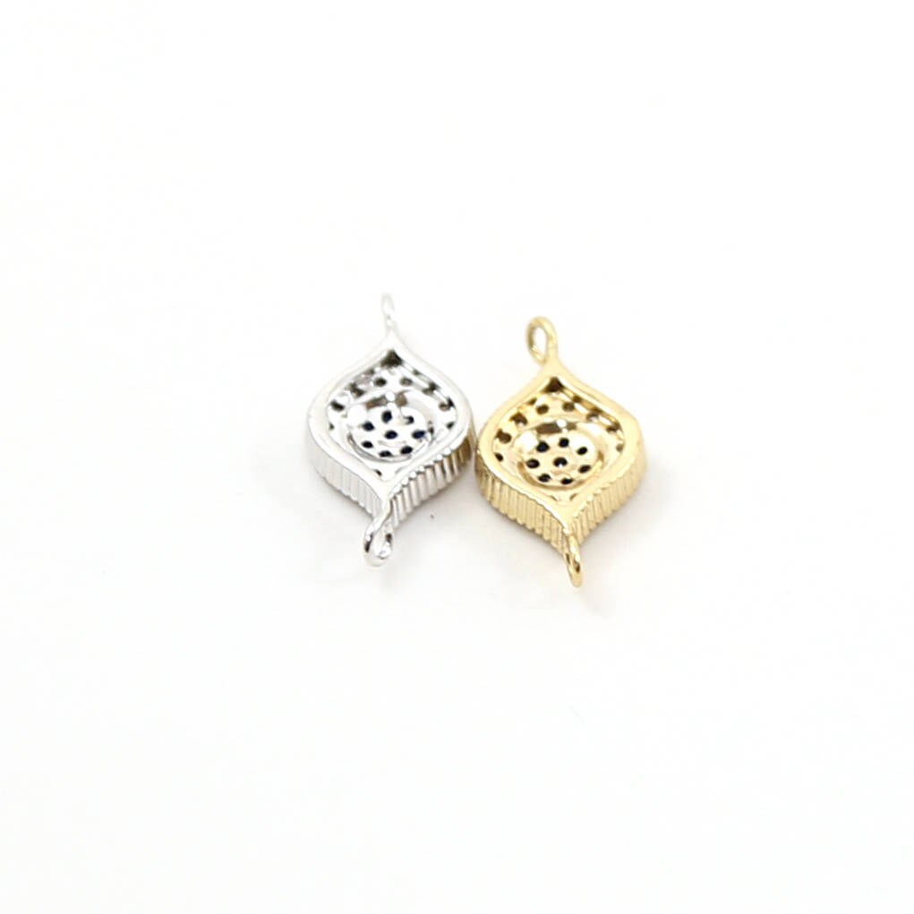 15mmx8mm Rhodium Plated Blue Flower Evil Eye Pave CZ Connector Charm in Gold