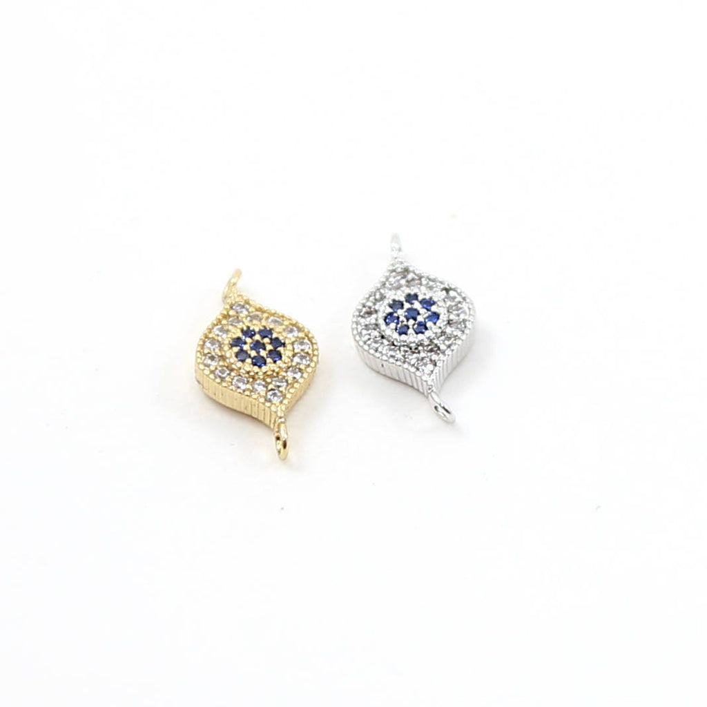 15mmx8mm Rhodium Plated Blue Flower Evil Eye Pave CZ Connector Charm in Gold
