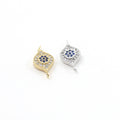 15mmx8mm Rhodium Plated Blue Flower Evil Eye Pave CZ Connector Charm in Gold