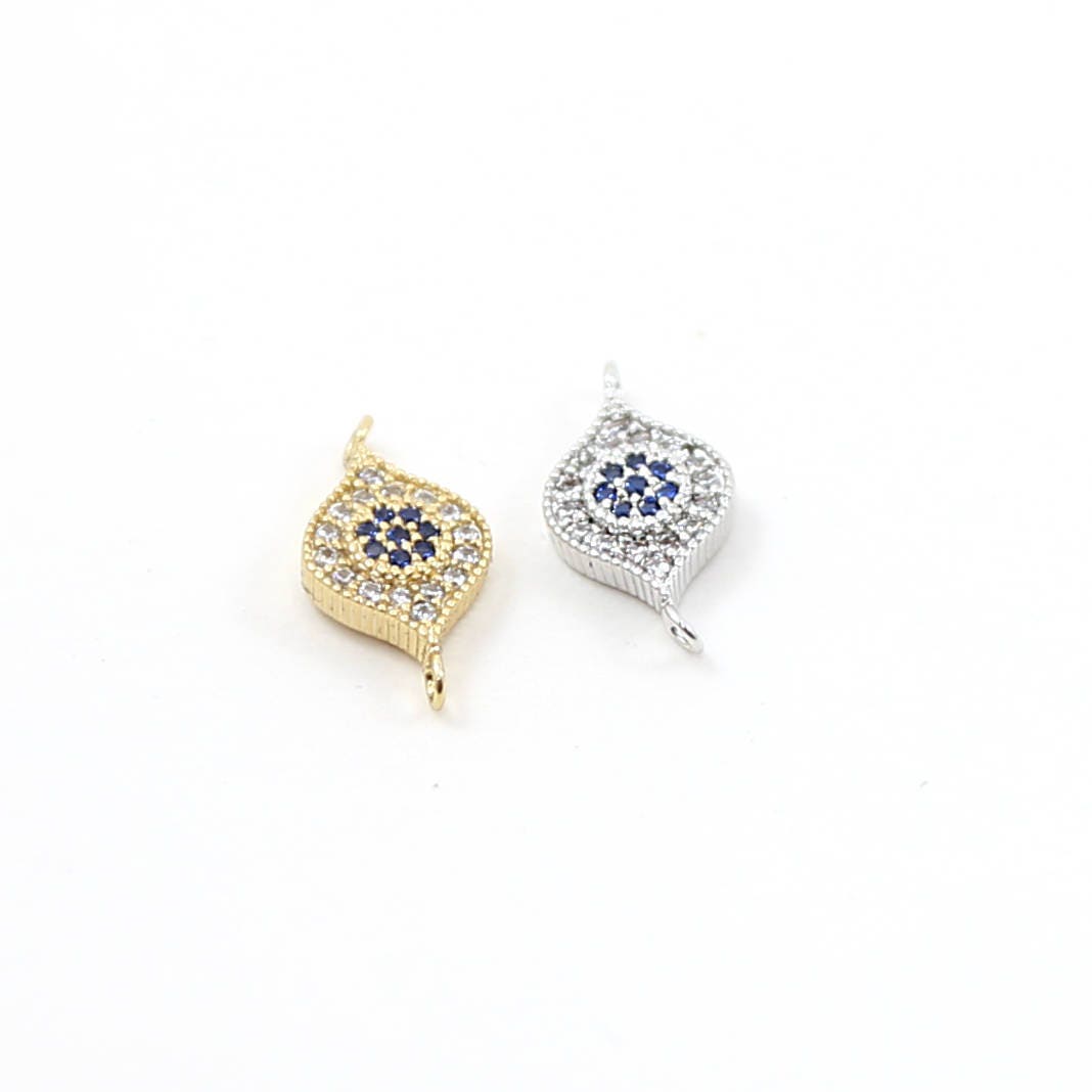 15mmx8mm Rhodium Plated Blue Flower Evil Eye Pave CZ Connector Charm in Gold