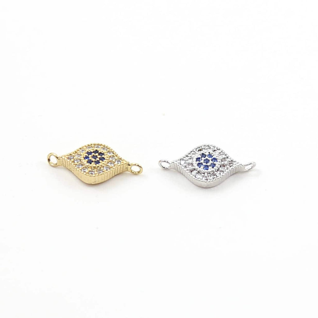 15mmx8mm Rhodium Plated Blue Flower Evil Eye Pave CZ Connector Charm in Gold