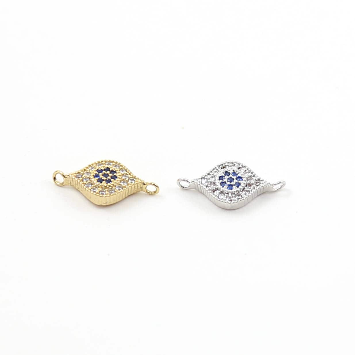 15mmx8mm Rhodium Plated Blue Flower Evil Eye Pave CZ Connector Charm in Gold