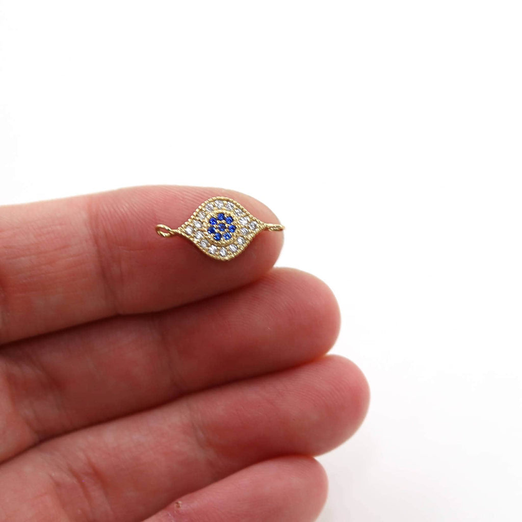 15mmx8mm Rhodium Plated Blue Flower Evil Eye Pave CZ Connector Charm in Gold