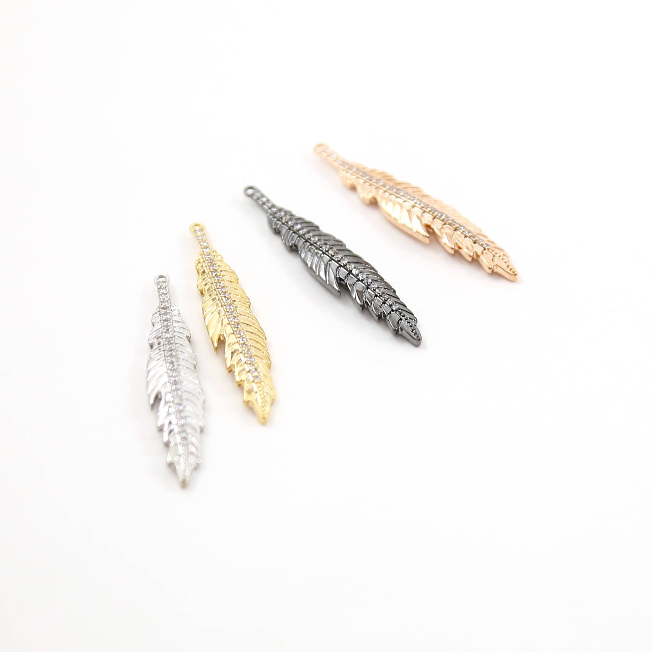 40mmx8mm Rhodium Plated Long CZ Pave Feather Charm Cubic Zirconia Modern