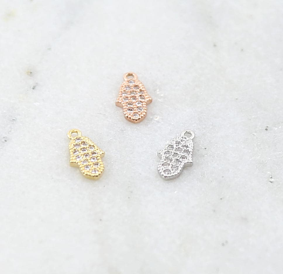 Rhodium Plated Tiny Hamsa CZ Pave Cubic Zirconia 10mm Charm in Gold