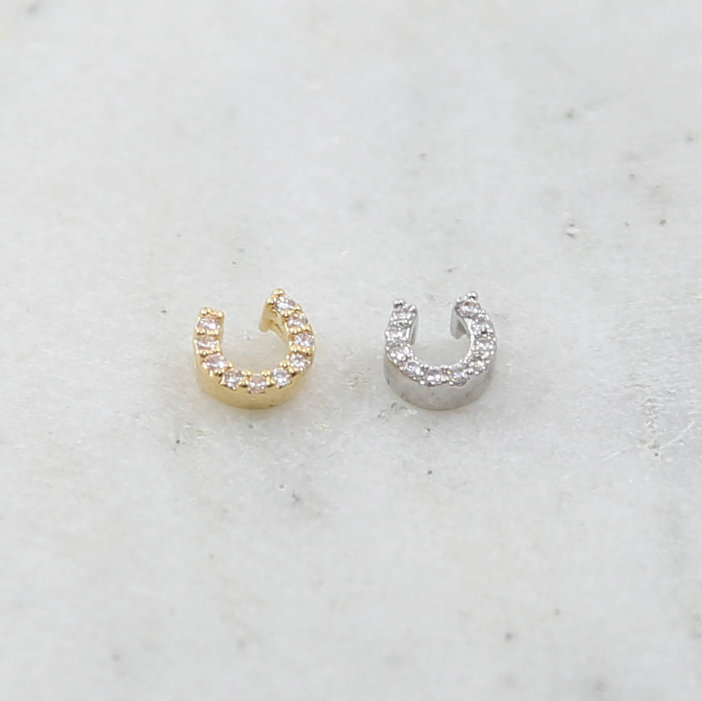 Rhodium Plated Mini Tiny CZ Pave Horseshoe Bead Charm in Silver